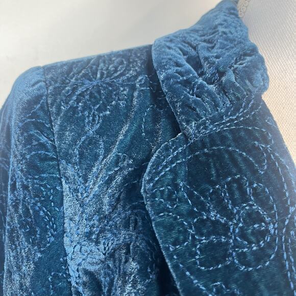 Bandolino Blazer Jacket Women's Size 12 Teal Velvet Floral Embroidered Boho - Picture 3 of 8